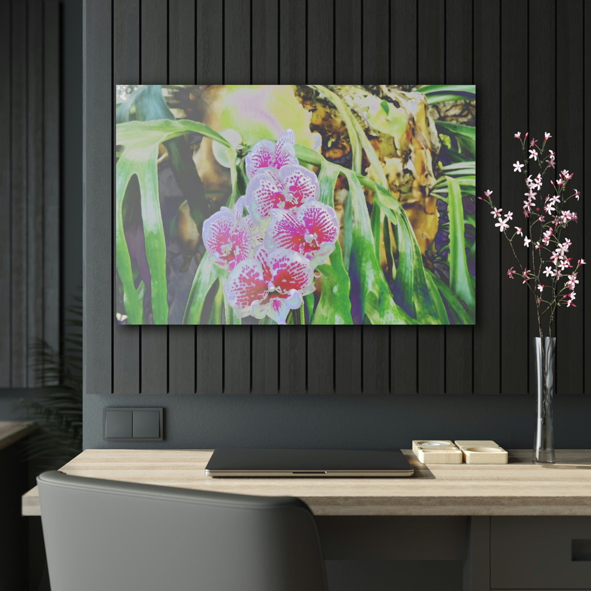 Acrylic Prints - Amazing Tropical Orchids Digital ART - with rare Cuernos Plant in background - Puerto Rico - Made in USA - Green Forest Home