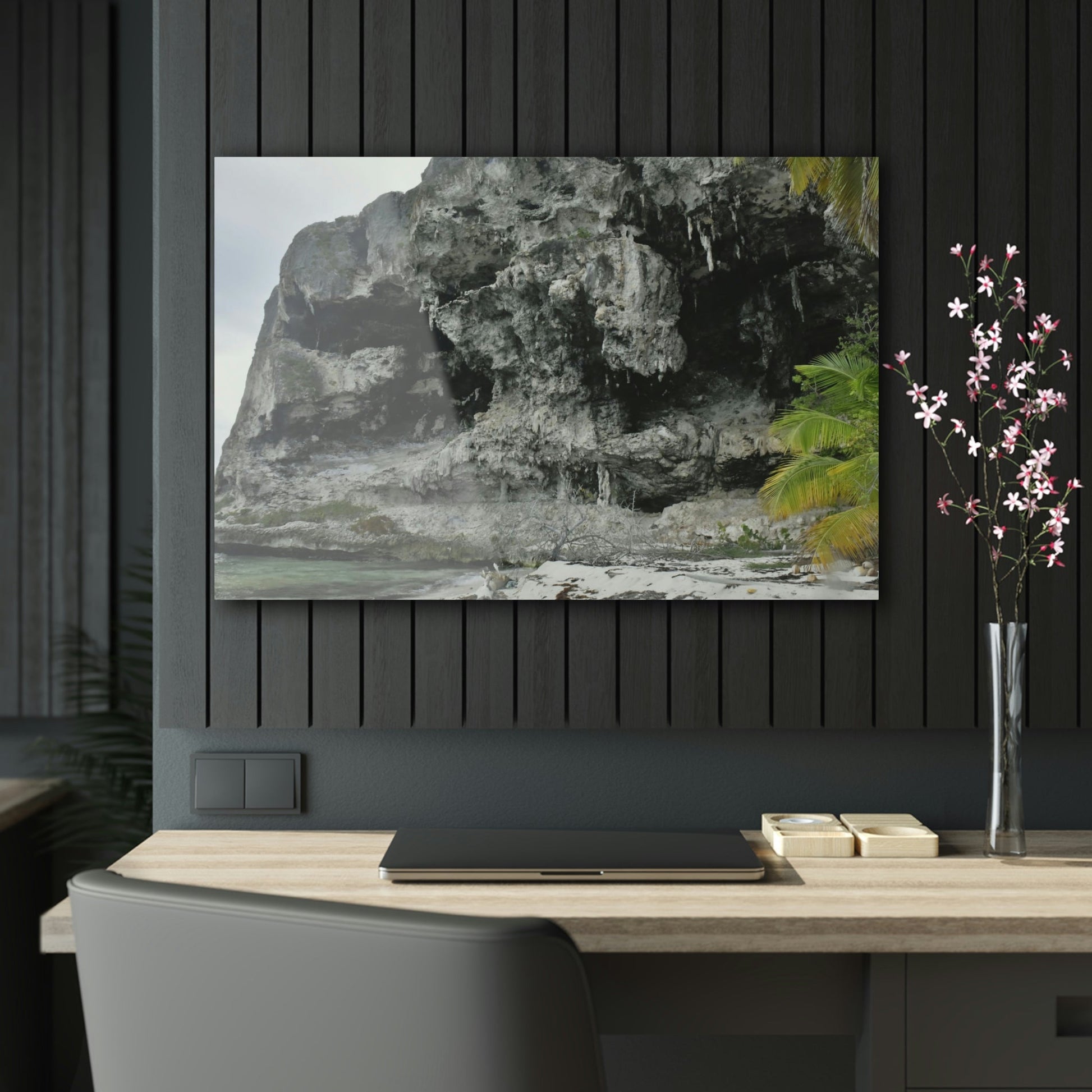Acrylic Prints - US Made - Ideal for a Stunning Home/Office Decor Ideas - Inspirations from Nature - Remote Mona island Cave Formation on Edge of beach - Green Forest Home