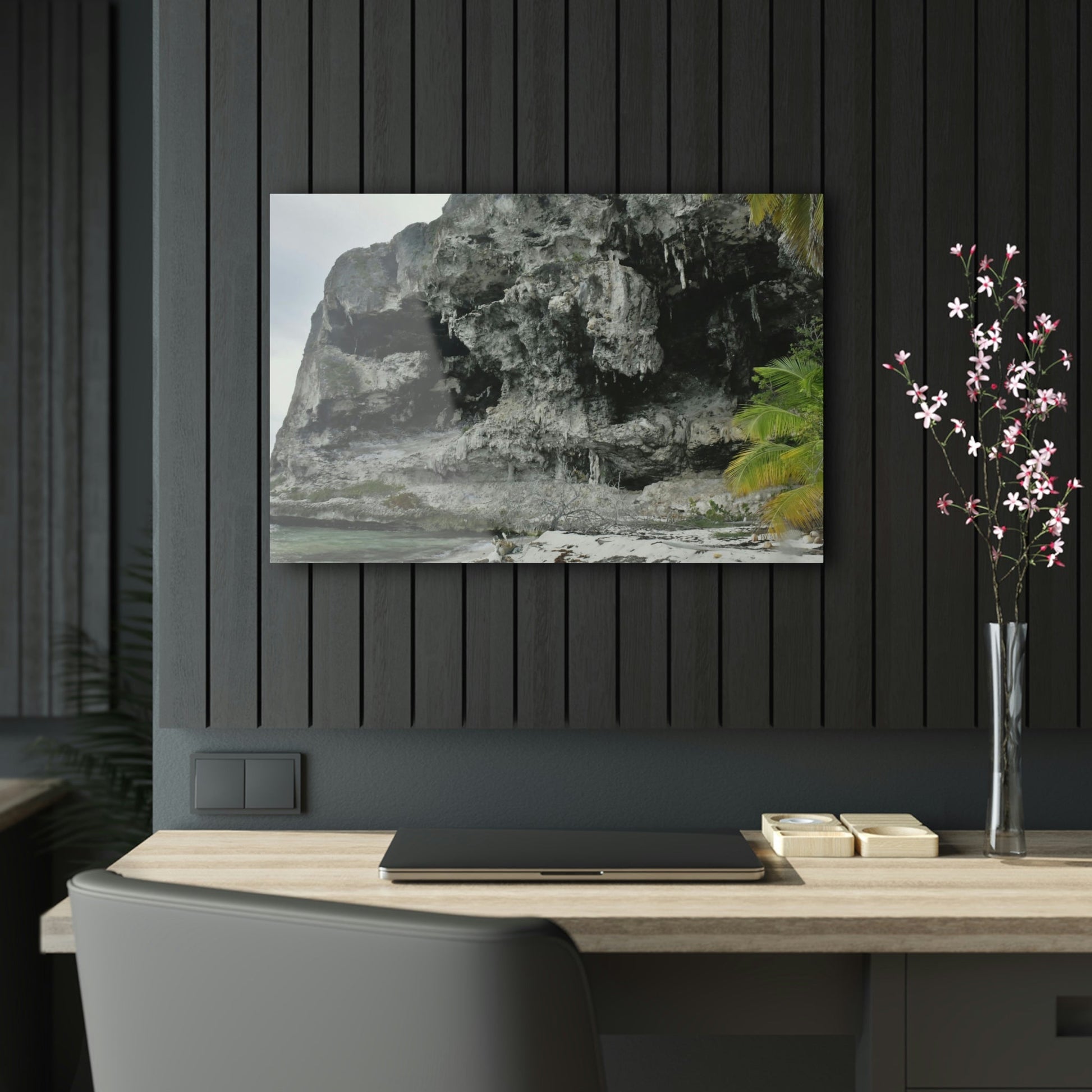 Acrylic Prints - US Made - Ideal for a Stunning Home/Office Decor Ideas - Inspirations from Nature - Remote Mona island Cave Formation on Edge of beach - Green Forest Home