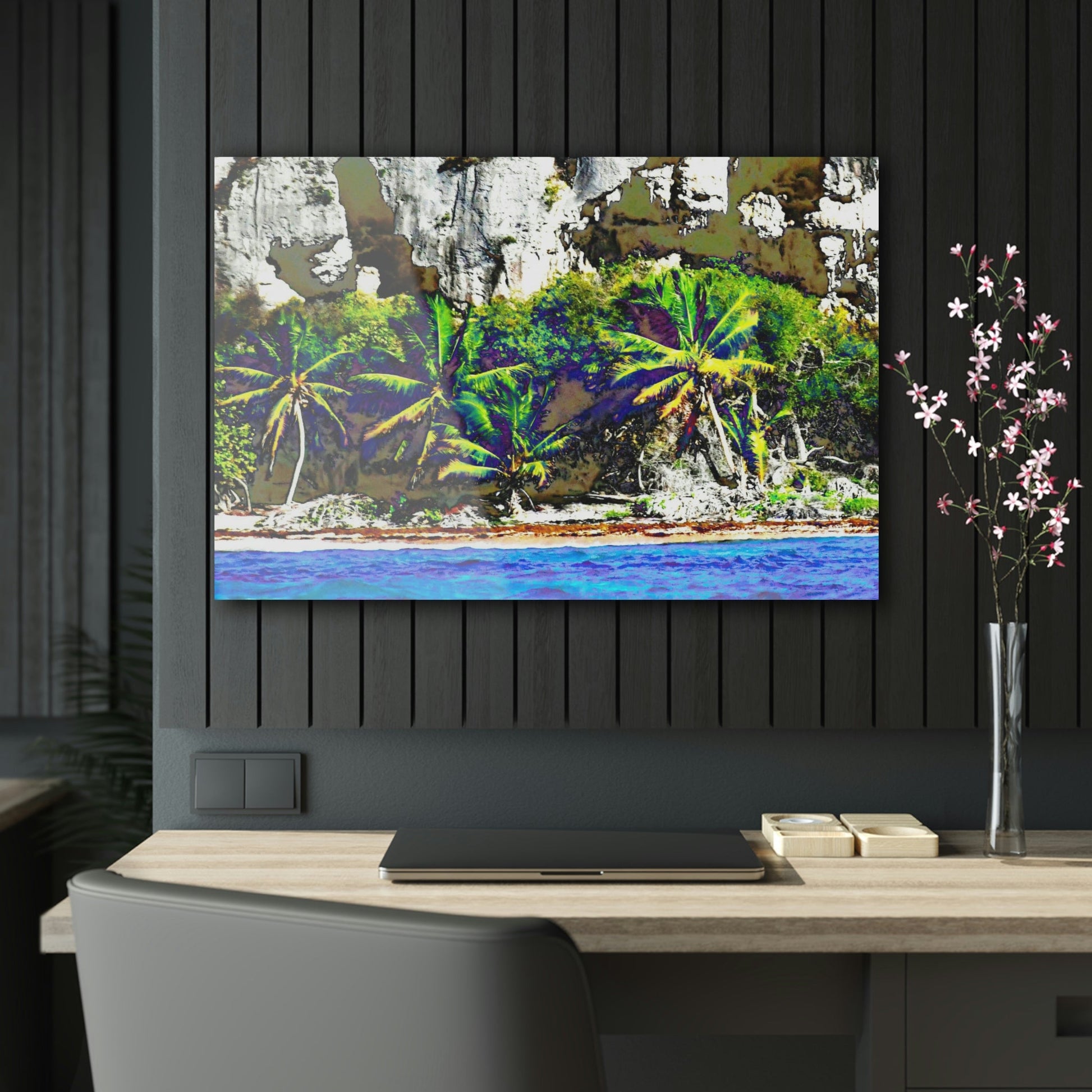 Acrylic Prints - US Made - Ideal for a Stunning Home/Office Decor Ideas - Remote Mona island - Coconut forest & caves from Boat - CCMM* - Green Forest Home