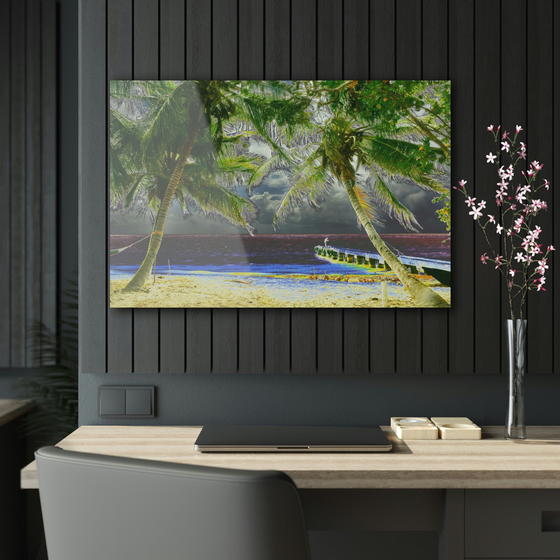 Acrylic Prints - US Made - Ideal for a Stunning Home/Office Decor Ideas - Remote Mona island - Dynamic Palms, Pier and Fisherman - CCMM* - Green Forest Home