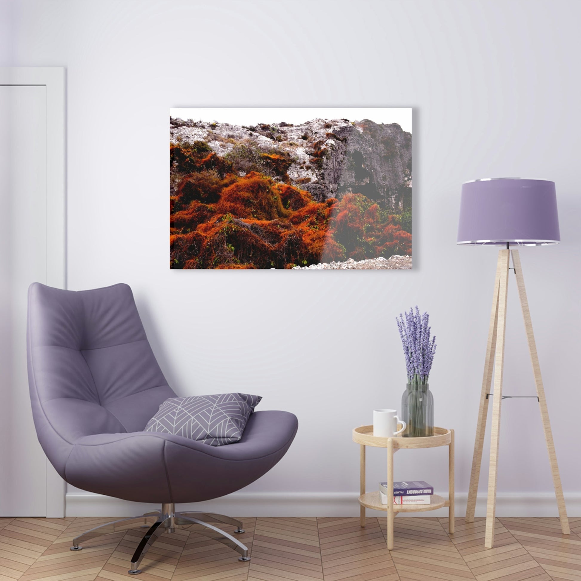 Acrylic Prints - US Made - Ideal for a Stunning Home/Office Decor Ideas - Remote Mona island - Orange vine on Cliffs Edge - CCMM* - Green Forest Home