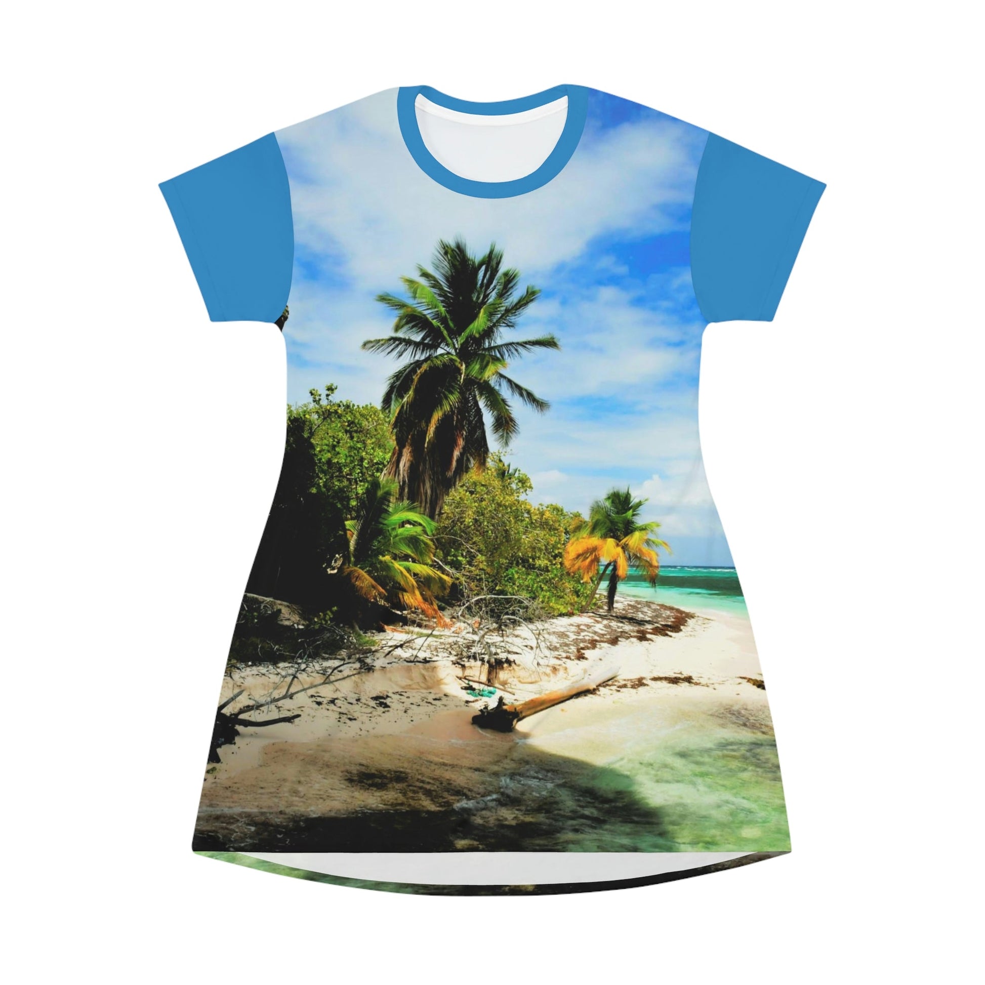 AOP T-shirt Dress - Pajaros beach corner - Remote Mona Island PR - Green Forest Home