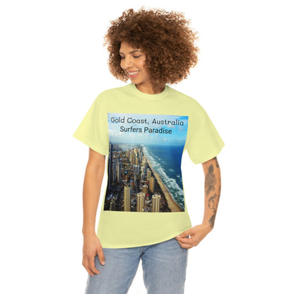 AU-PRINT UNISEX GILDAN 5000 - Heavy Cotton Tee - Gold Coast, Surfer in back - Australia - Printed in AU by The Print Bar - Green Forest Home
