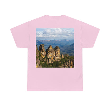 AU-PRINT UNISEX GILDAN 5000 - Heavy Cotton Tee - The Three Sisters, Blue Mountains, New South Wales, Australia - Printed in AU by The Print Bar - Green Forest Home