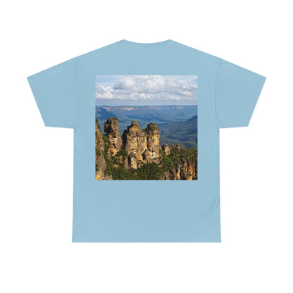 AU-PRINT UNISEX GILDAN 5000 - Heavy Cotton Tee - The Three Sisters, Blue Mountains, New South Wales, Australia - Printed in AU by The Print Bar - Green Forest Home