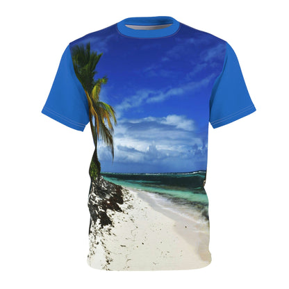 BELLO PR UNISEX AOP Cut & Sew Tee - Awesome Pajaros Beach in Mona Island - Puerto Rico - Green Forest Home
