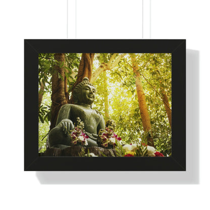 Buddhism -Framed Horizontal Poster - Green Jade Buddha statue in forest - Print in USA - Green Forest Home