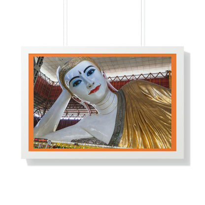 Buddhism -Framed Horizontal Poster - Myanmar Burma, Yangon. Big Reclining Buddha in Kyauk Htat Gyi - Print in USA - Green Forest Home