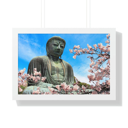 Buddhism -Framed Horizontal Poster - The Great Buddha and sakura flowers, Kotoku-in temple, Japan - Print in USA - Green Forest Home