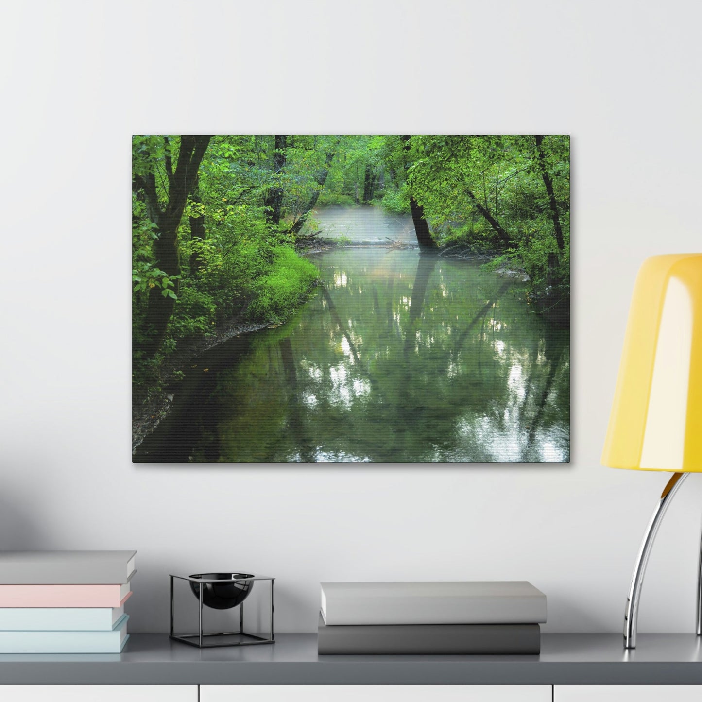 Canvas Gallery Wraps - A calm river with fog forming on the Cades Cove Loop Road in Mountain National Park (SMNP) USA - Green Forest Home