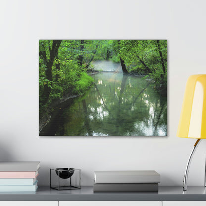 Canvas Gallery Wraps - A calm river with fog forming on the Cades Cove Loop Road in Mountain National Park (SMNP) USA - Green Forest Home