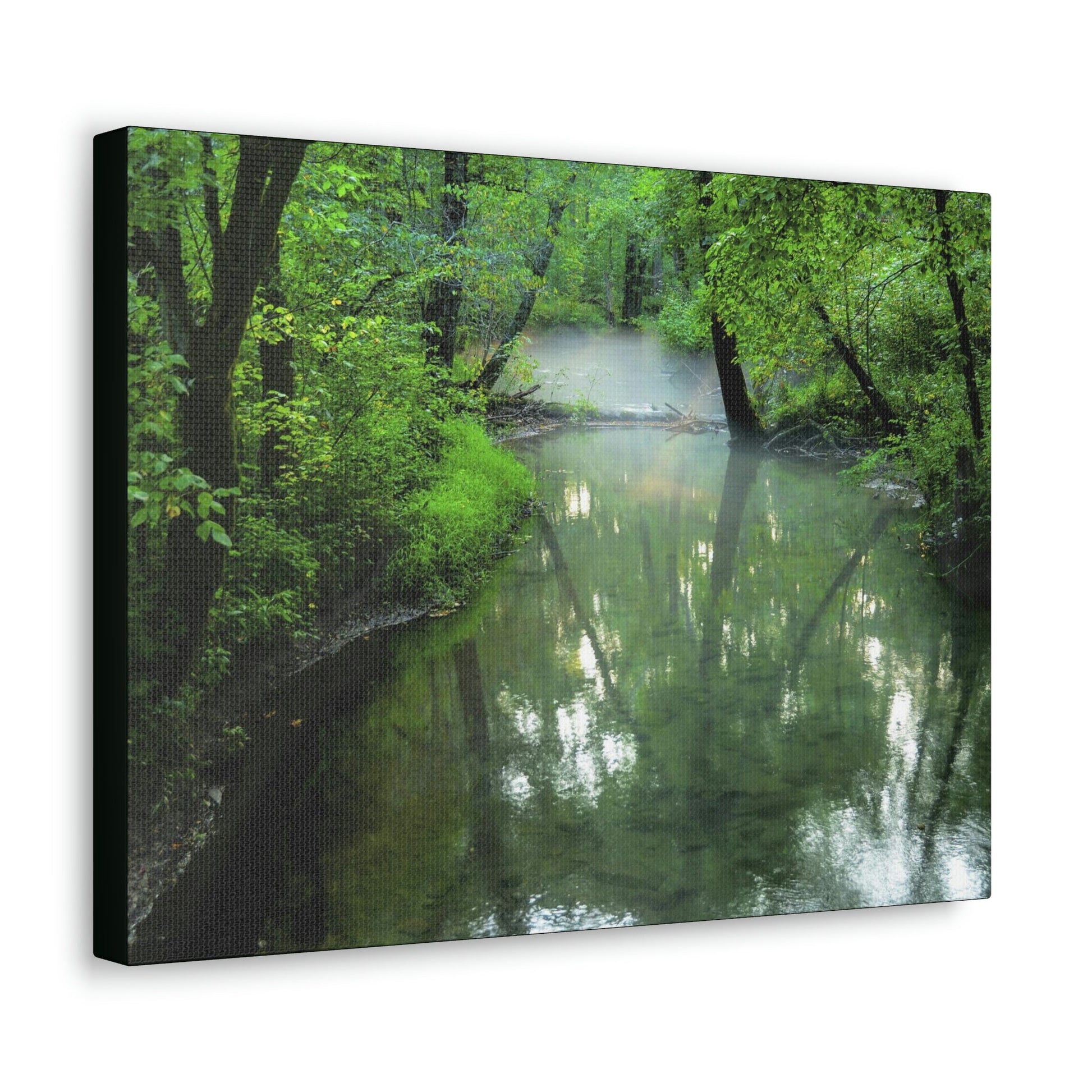 Canvas Gallery Wraps - A calm river with fog forming on the Cades Cove Loop Road in Mountain National Park (SMNP) USA - Green Forest Home