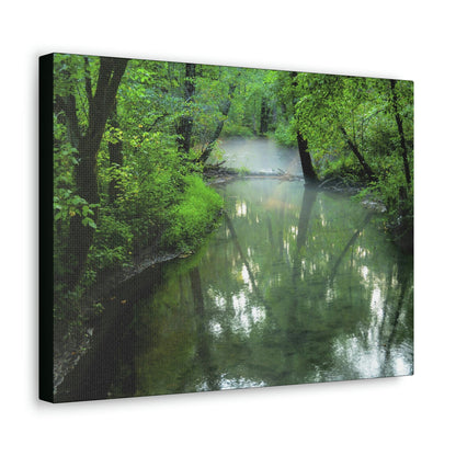 Canvas Gallery Wraps - A calm river with fog forming on the Cades Cove Loop Road in Mountain National Park (SMNP) USA - Green Forest Home