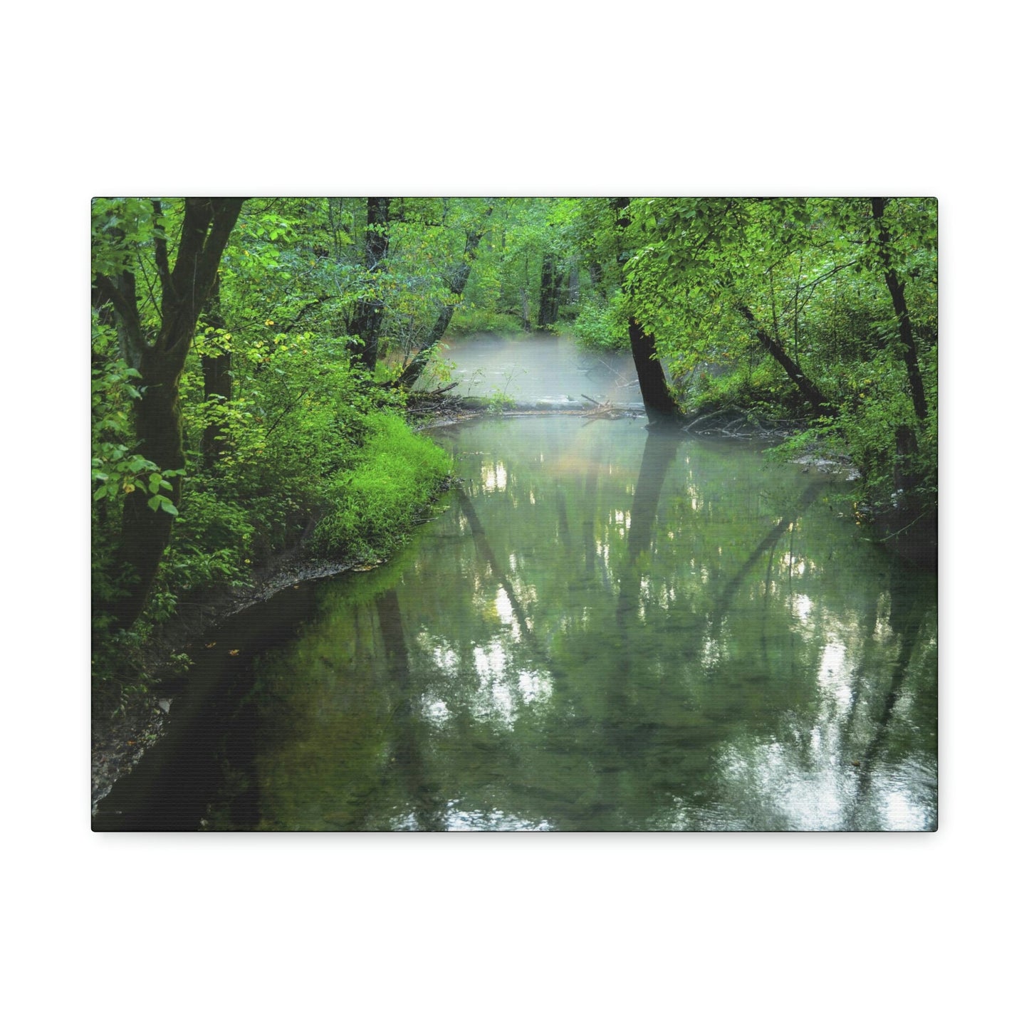 Canvas Gallery Wraps - A calm river with fog forming on the Cades Cove Loop Road in Mountain National Park (SMNP) USA - Green Forest Home