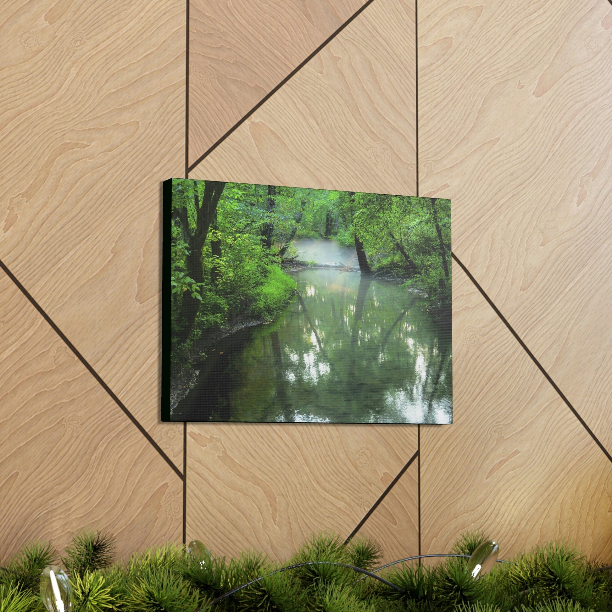 Canvas Gallery Wraps - A calm river with fog forming on the Cades Cove Loop Road in Mountain National Park (SMNP) USA - Green Forest Home