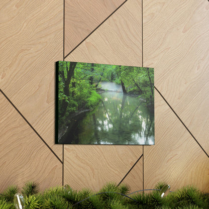 Canvas Gallery Wraps - A calm river with fog forming on the Cades Cove Loop Road in Mountain National Park (SMNP) USA - Green Forest Home