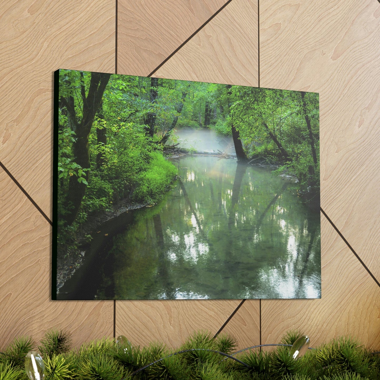 Canvas Gallery Wraps - A calm river with fog forming on the Cades Cove Loop Road in Mountain National Park (SMNP) USA - Green Forest Home
