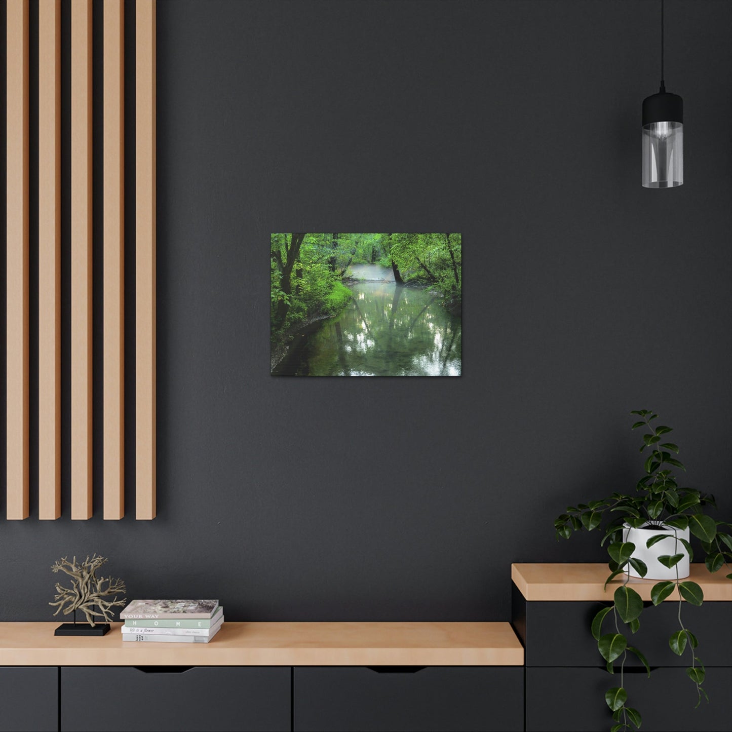 Canvas Gallery Wraps - A calm river with fog forming on the Cades Cove Loop Road in Mountain National Park (SMNP) USA - Green Forest Home