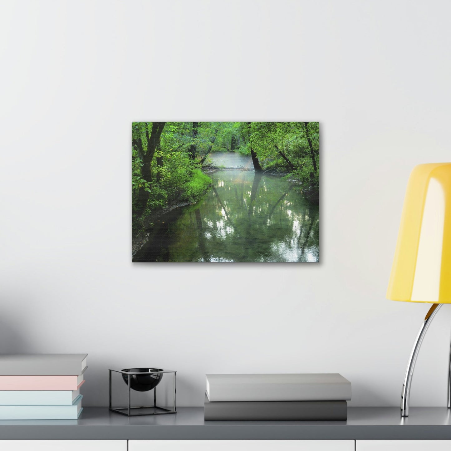 Canvas Gallery Wraps - A calm river with fog forming on the Cades Cove Loop Road in Mountain National Park (SMNP) USA - Green Forest Home