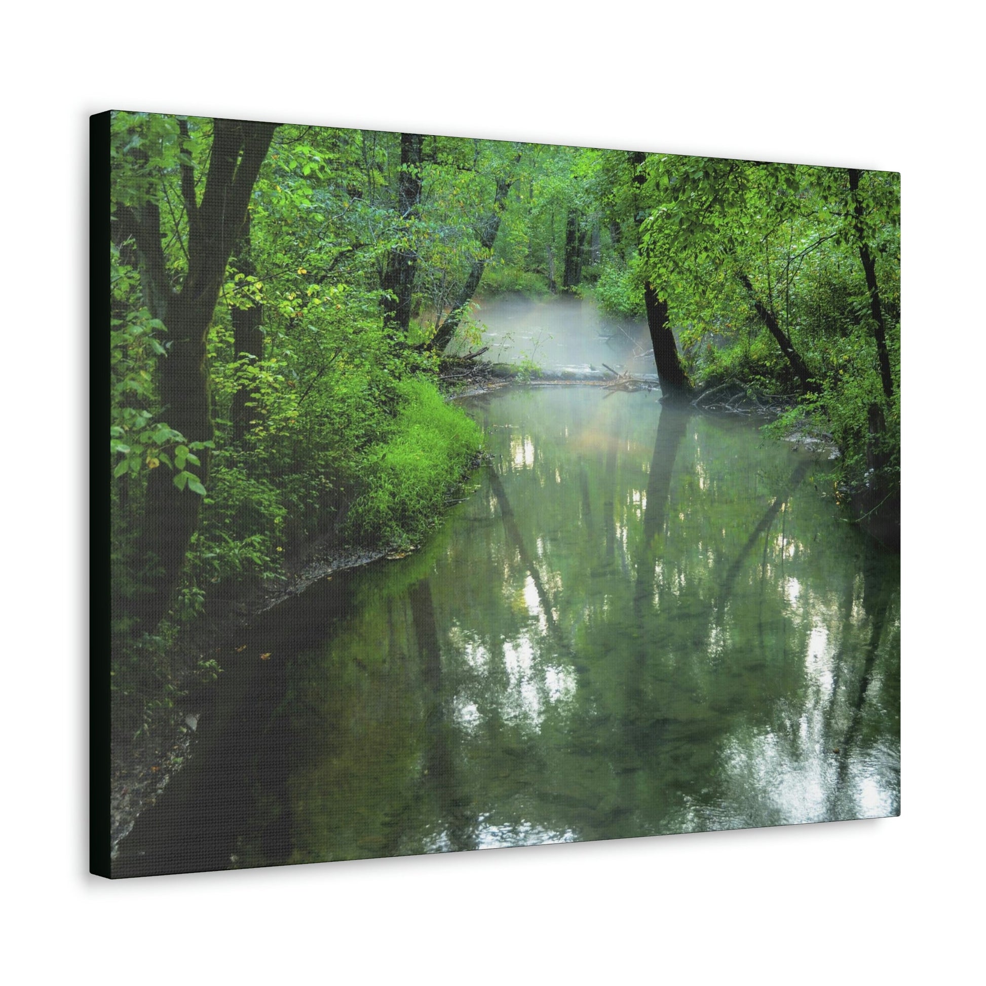 Canvas Gallery Wraps - A calm river with fog forming on the Cades Cove Loop Road in Mountain National Park (SMNP) USA - Green Forest Home