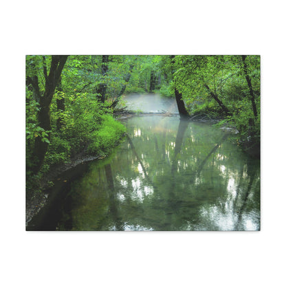 Canvas Gallery Wraps - A calm river with fog forming on the Cades Cove Loop Road in Mountain National Park (SMNP) USA - Green Forest Home