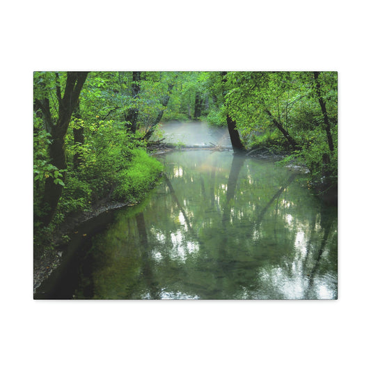 Canvas Gallery Wraps - A calm river with fog forming on the Cades Cove Loop Road in Mountain National Park (SMNP) USA - Green Forest Home