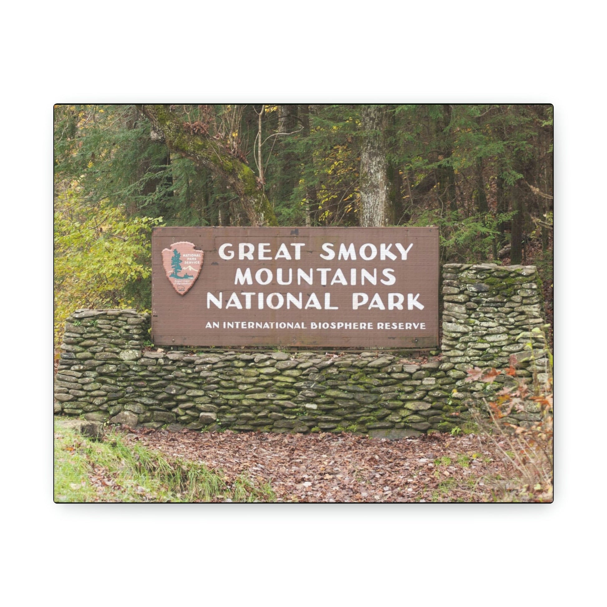 Canvas Gallery Wraps - Entrance sign at south entrance for reference use - in Smoky Mountain National Park in Summer in Mountain National Park (SMNP) USA - Green Forest Home