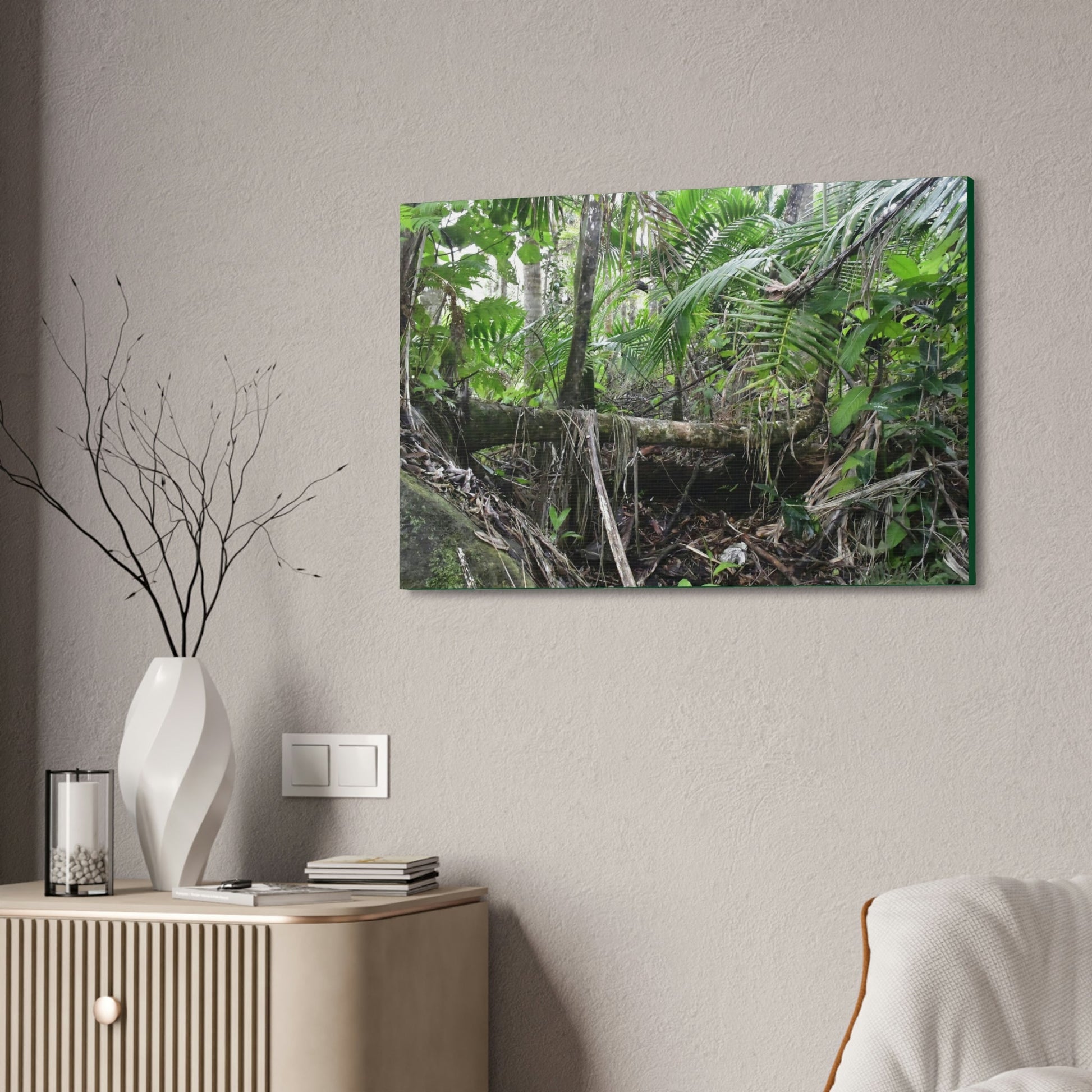 Canvas Stretched - Forest@Home - El Yunque - A common sight after storms - fallen Sierra Palms on boulder in Tradewinds Trail - Green Forest Home