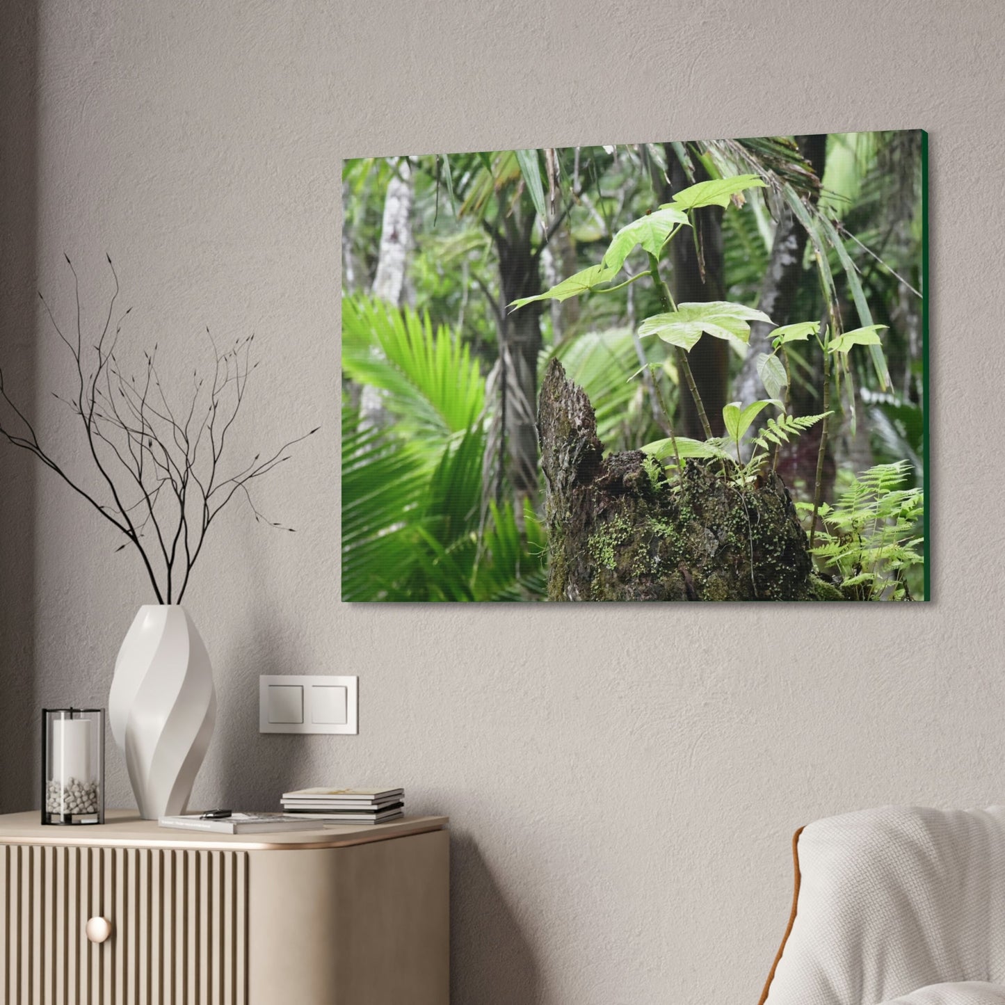 Canvas Stretched - Forest@Home - El Yunque - Amazing survival - a Yagrumo tree sprouts grows inside a broken Fern Palm trunk - Green Forest Home