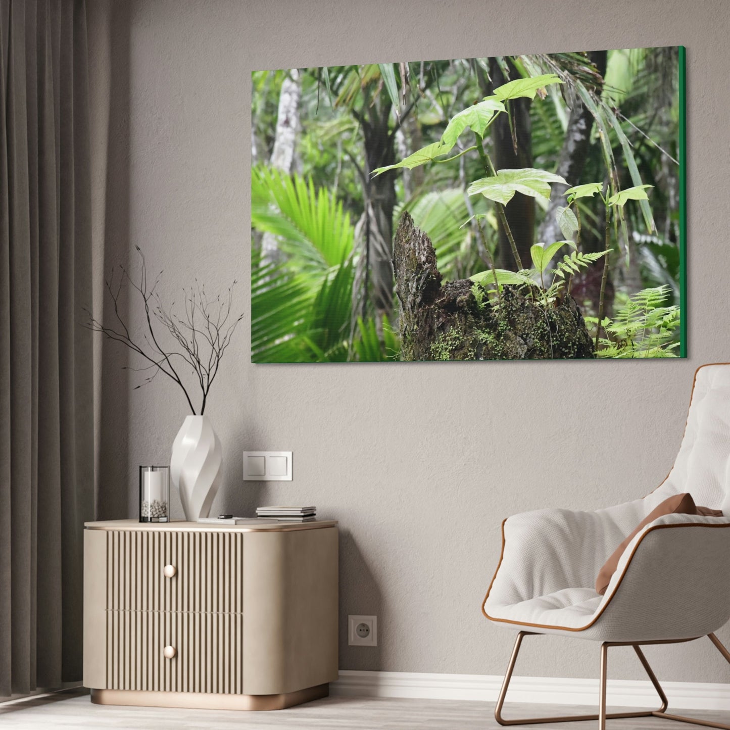 Canvas Stretched - Forest@Home - El Yunque - Amazing survival - a Yagrumo tree sprouts grows inside a broken Fern Palm trunk - Green Forest Home