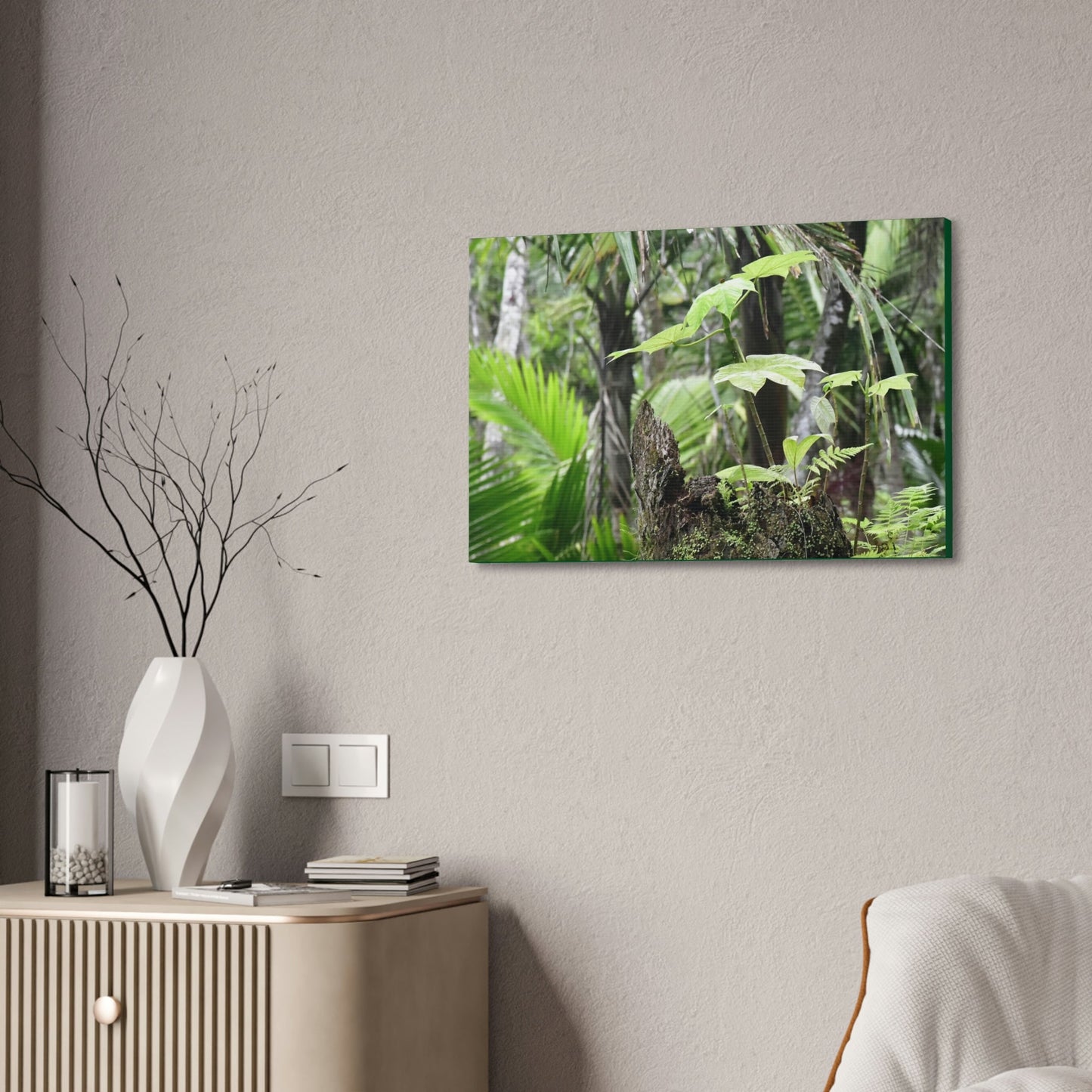 Canvas Stretched - Forest@Home - El Yunque - Amazing survival - a Yagrumo tree sprouts grows inside a broken Fern Palm trunk - Green Forest Home