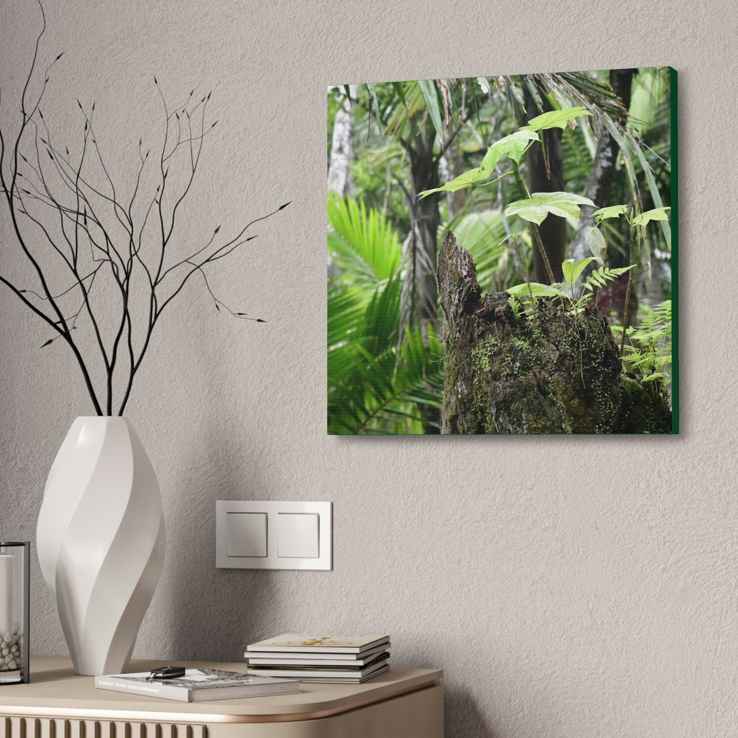 Canvas Stretched - Forest@Home - El Yunque - Amazing survival - a Yagrumo tree sprouts grows inside a broken Fern Palm trunk - Green Forest Home