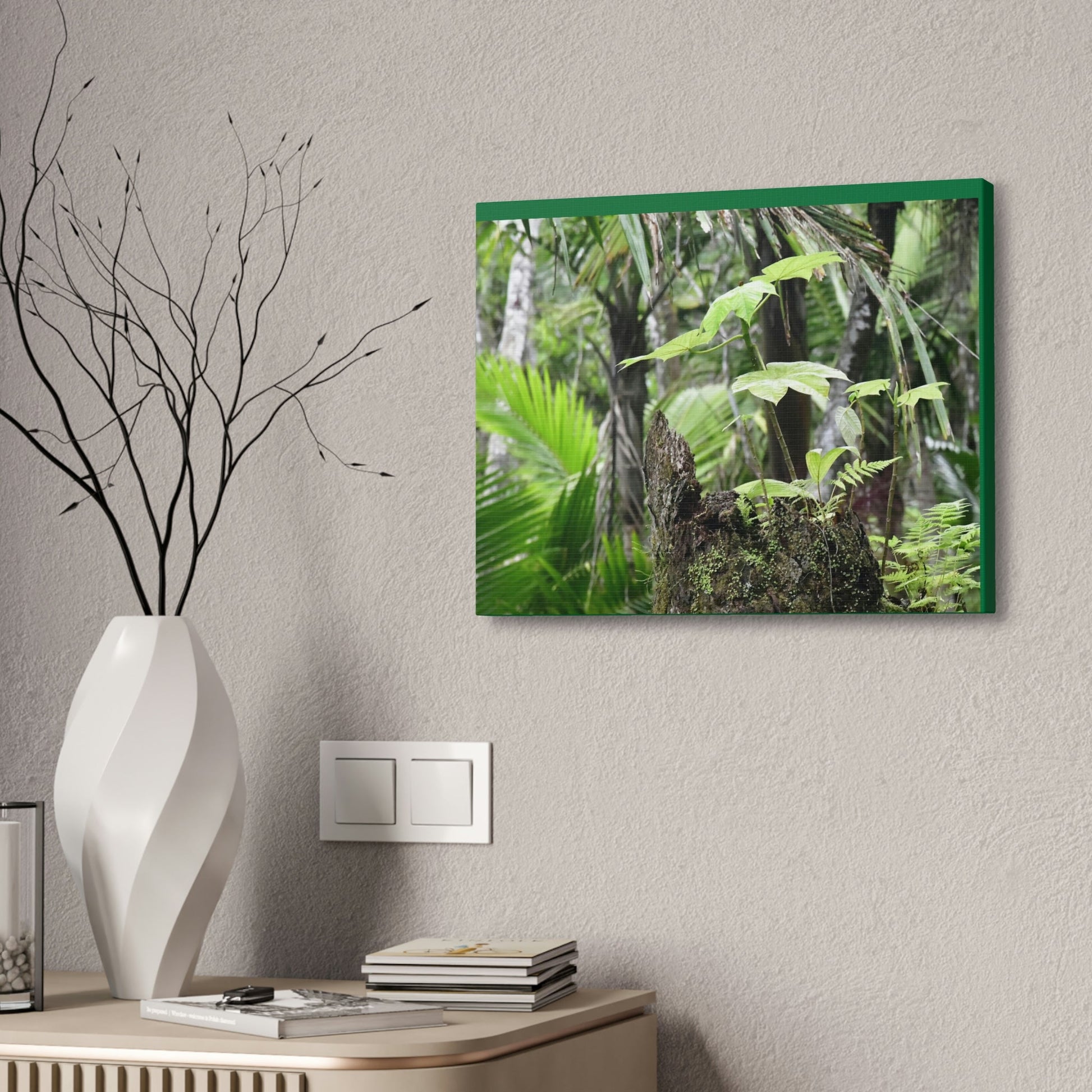 Canvas Stretched - Forest@Home - El Yunque - Amazing survival - a Yagrumo tree sprouts grows inside a broken Fern Palm trunk - Green Forest Home