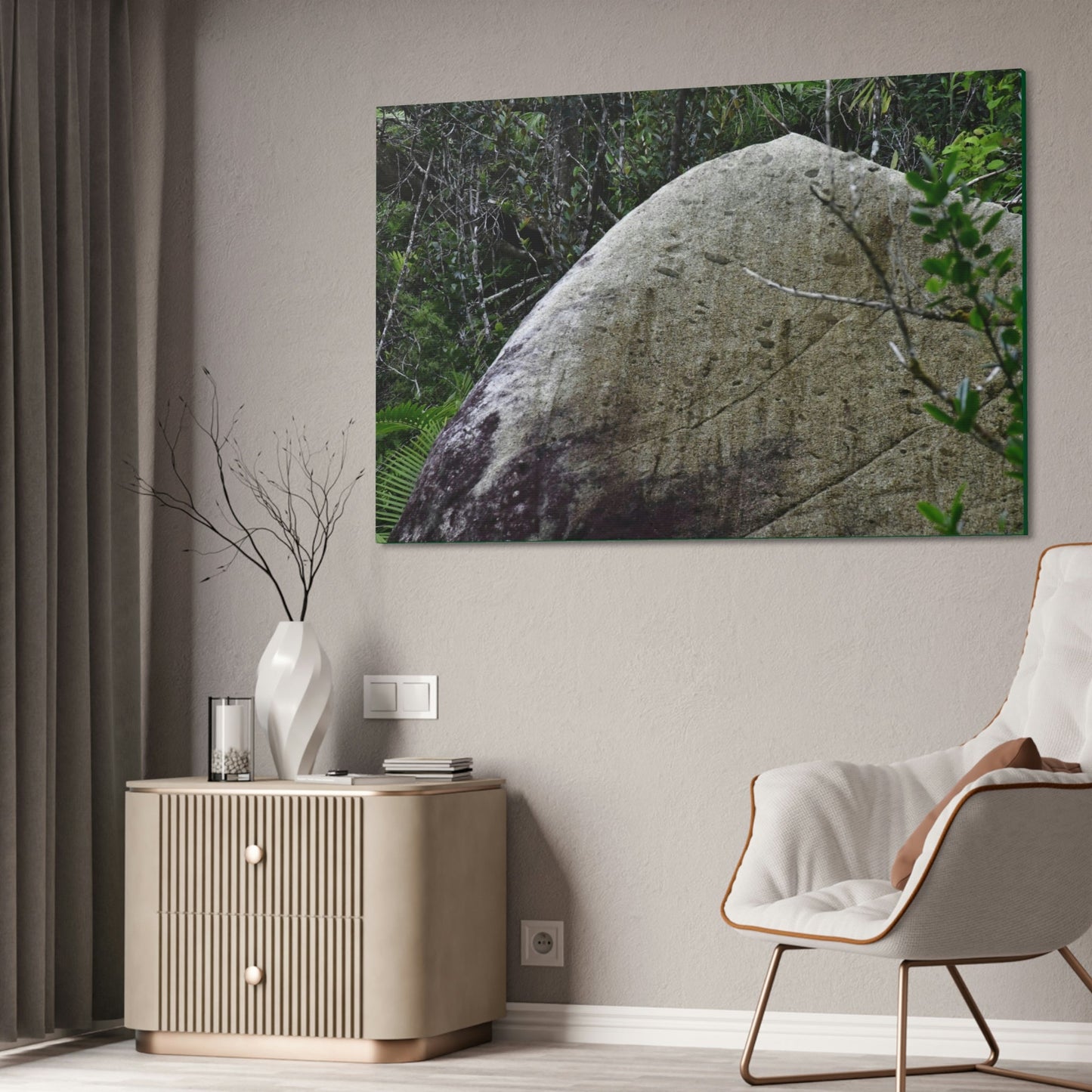 Canvas Stretched - Forest@Home - El Yunque - Hurricane Maria sandblasted this huge boulder in a river canyon - Tradewinds - Green Forest Home