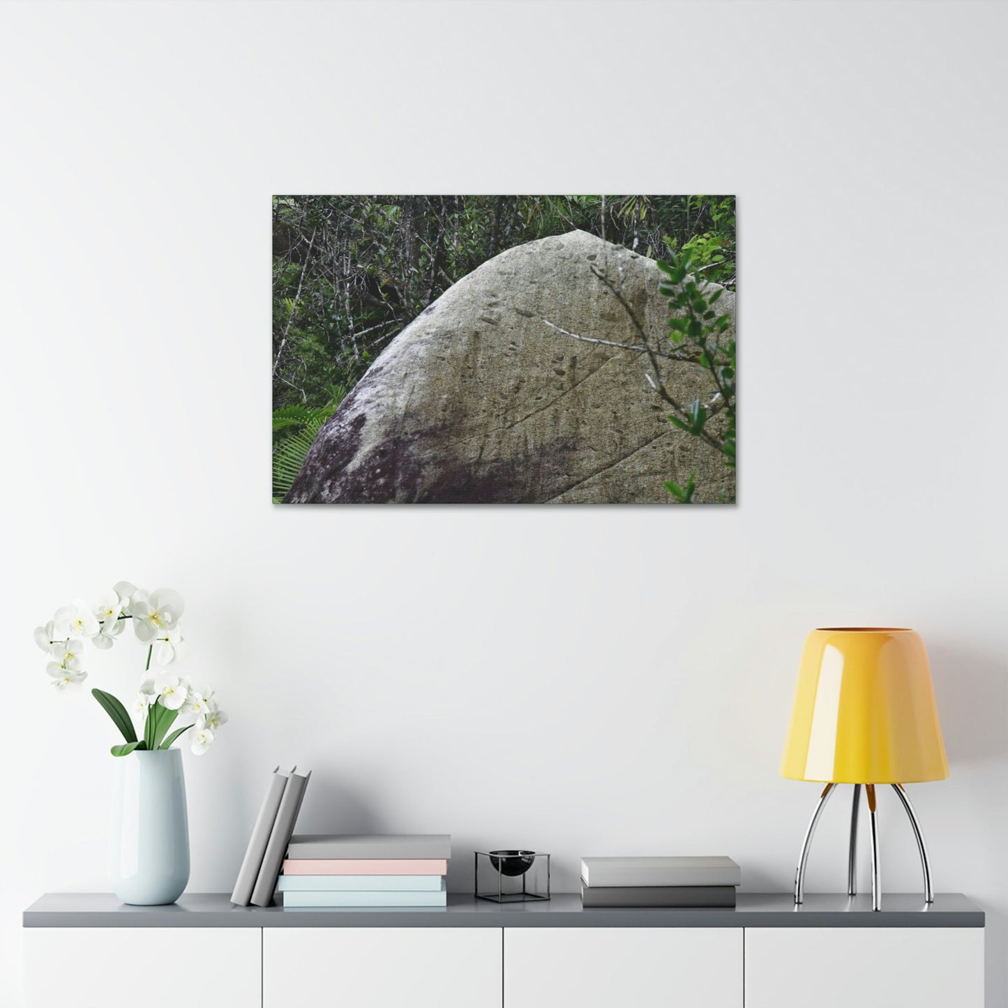 Canvas Stretched - Forest@Home - El Yunque - Hurricane Maria sandblasted this huge boulder in a river canyon - Tradewinds - Green Forest Home