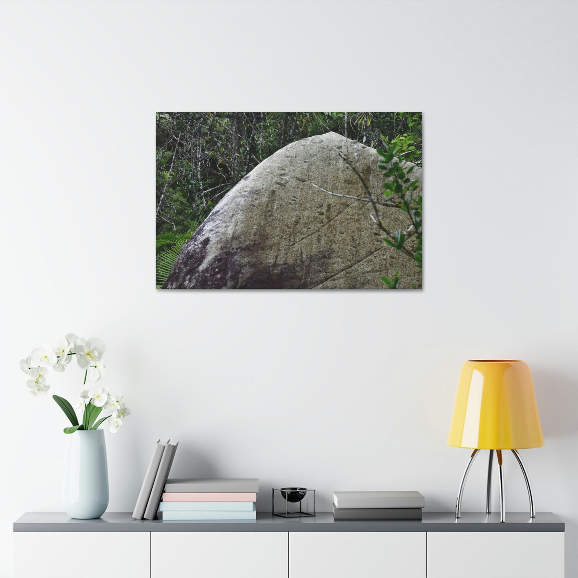 Canvas Stretched - Forest@Home - El Yunque - Hurricane Maria sandblasted this huge boulder in a river canyon - Tradewinds - Green Forest Home