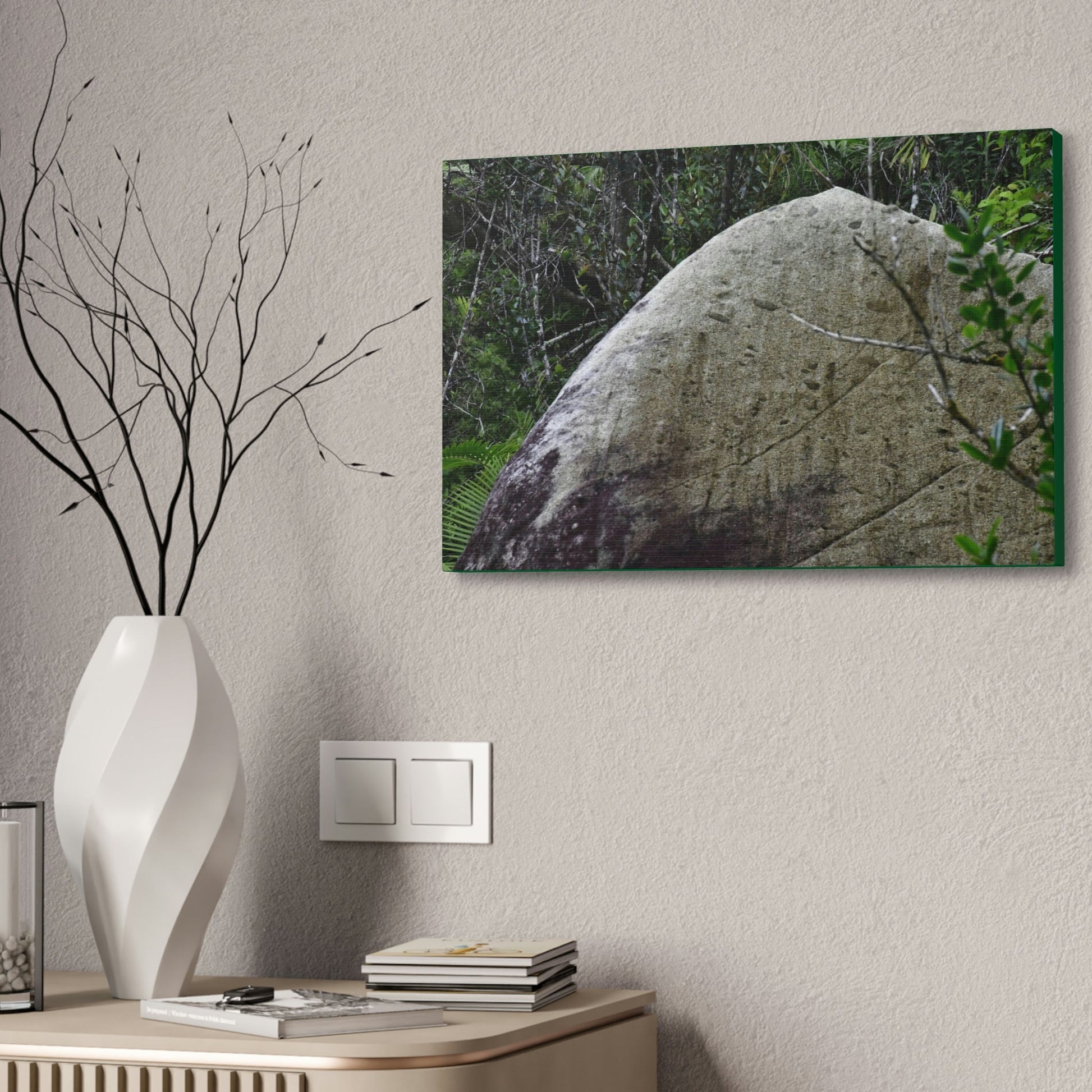 Canvas Stretched - Forest@Home - El Yunque - Hurricane Maria sandblasted this huge boulder in a river canyon - Tradewinds - Green Forest Home