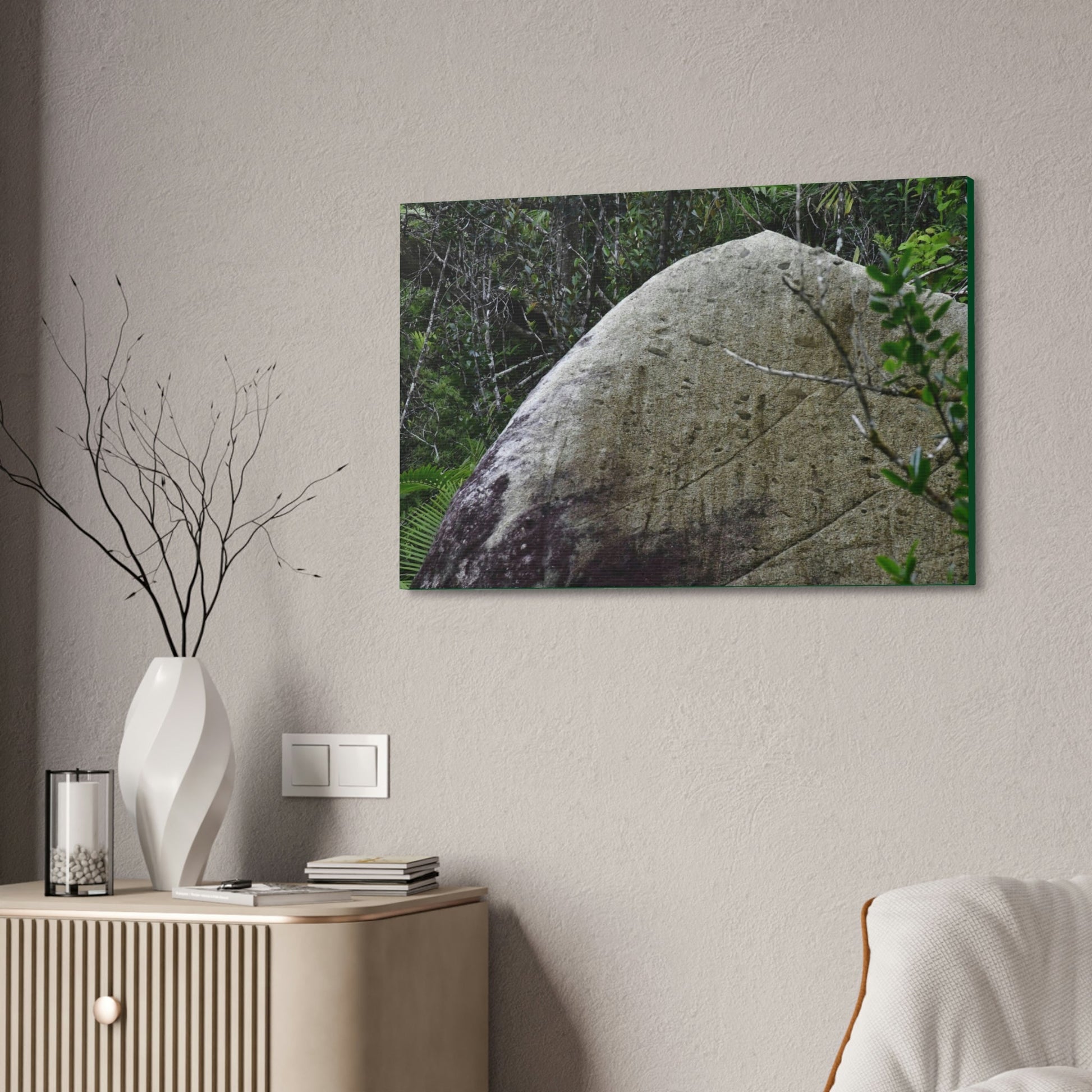 Canvas Stretched - Forest@Home - El Yunque - Hurricane Maria sandblasted this huge boulder in a river canyon - Tradewinds - Green Forest Home