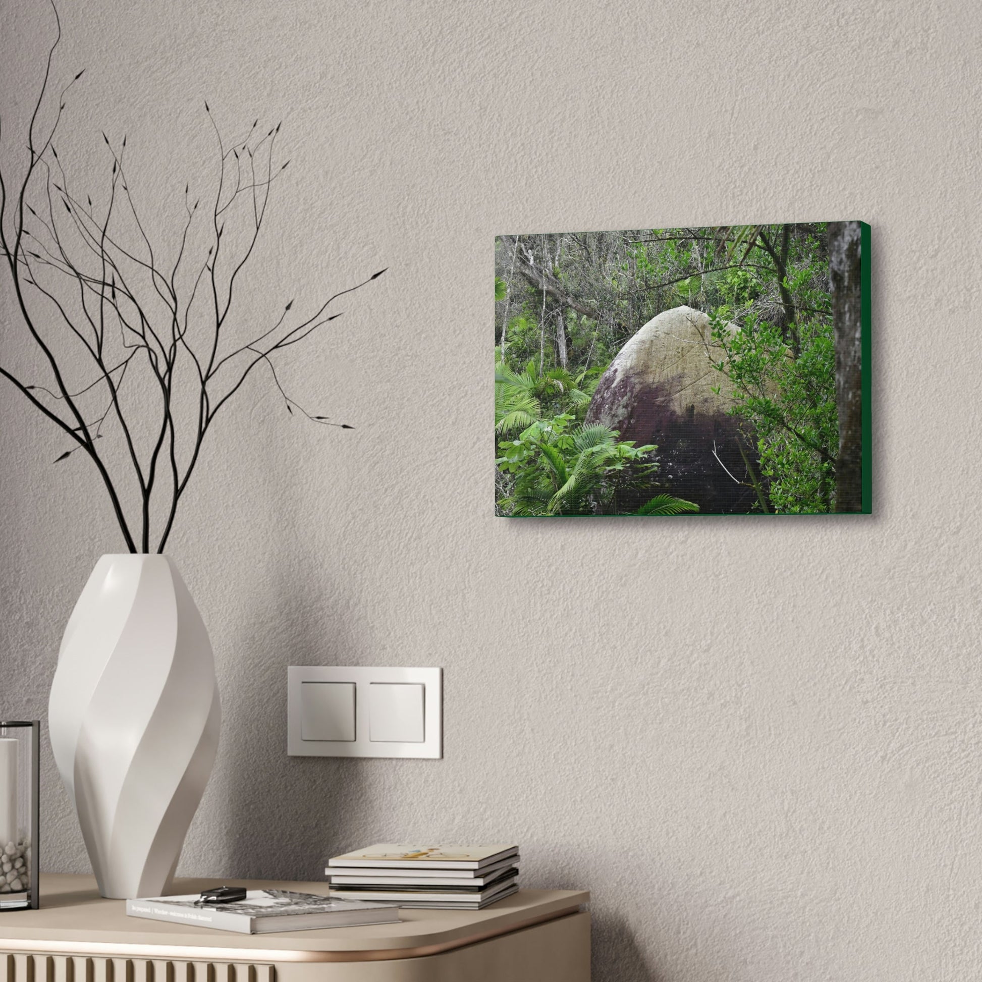 Canvas Stretched - Forest@Home - El Yunque - Hurricane Maria sandblasted this huge boulder in a river canyon - Tradewinds - Green Forest Home