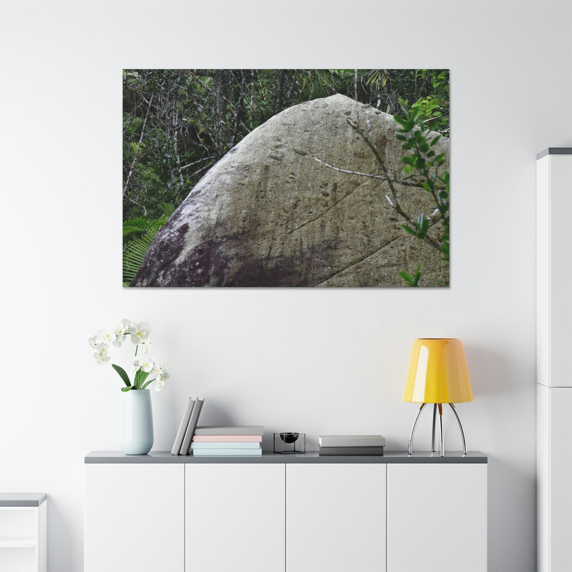 Canvas Stretched - Forest@Home - El Yunque - Hurricane Maria sandblasted this huge boulder in a river canyon - Tradewinds - Green Forest Home