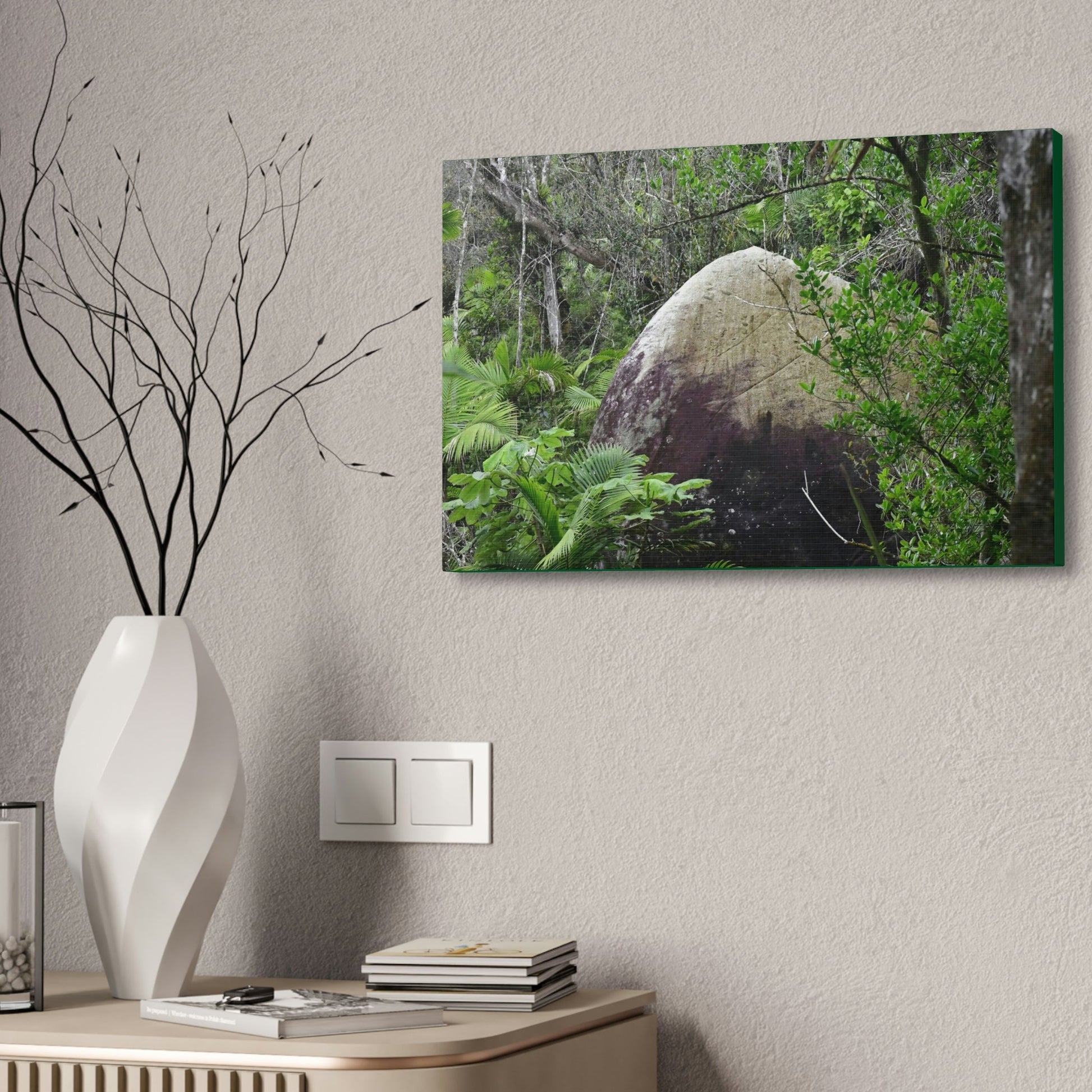 Canvas Stretched - Forest@Home - El Yunque - Hurricane Maria sandblasted this huge boulder in a river canyon - Tradewinds - Green Forest Home
