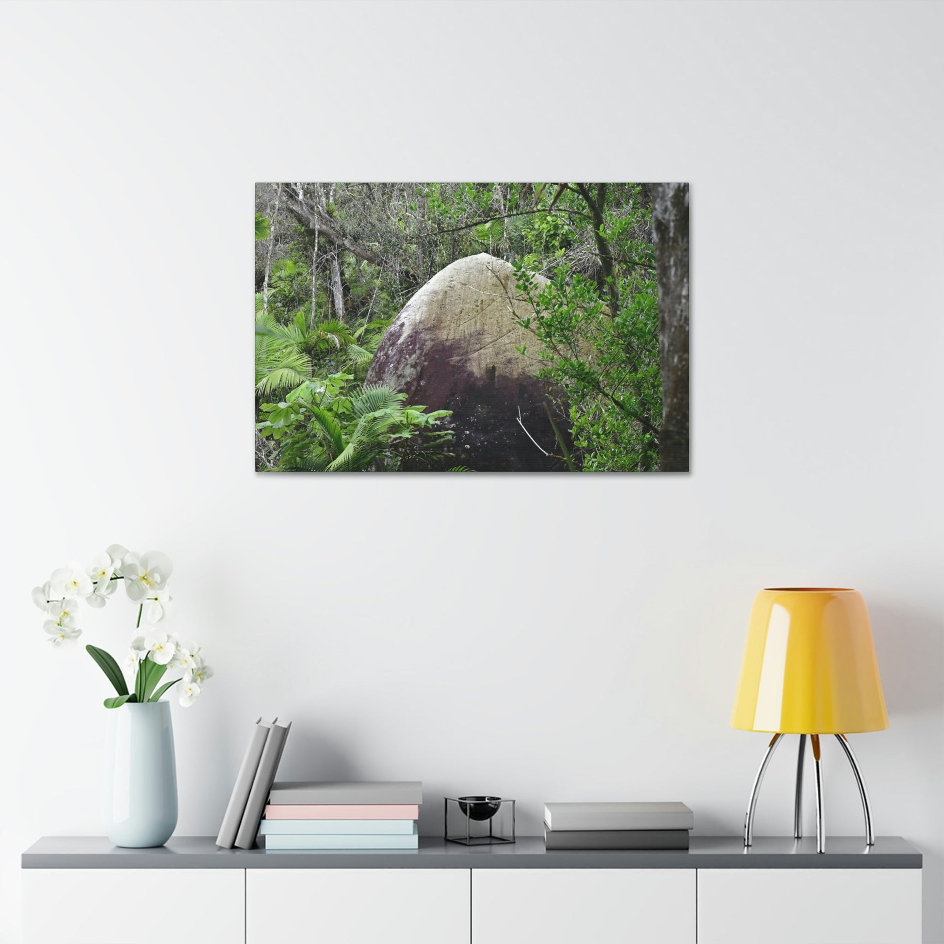 Canvas Stretched - Forest@Home - El Yunque - Hurricane Maria sandblasted this huge boulder in a river canyon - Tradewinds - Green Forest Home