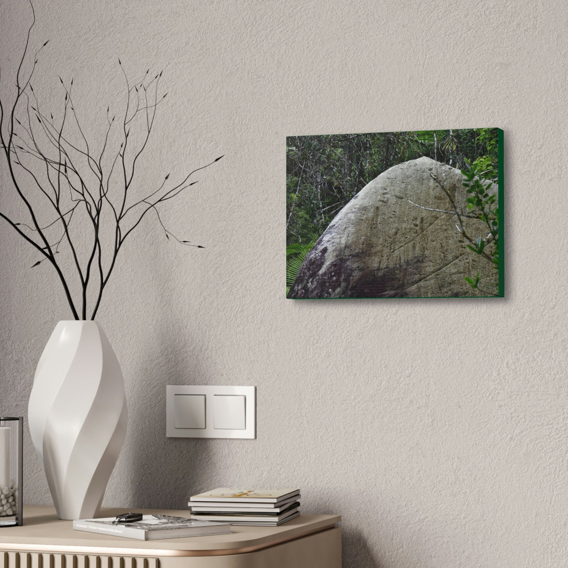 Canvas Stretched - Forest@Home - El Yunque - Hurricane Maria sandblasted this huge boulder in a river canyon - Tradewinds - Green Forest Home