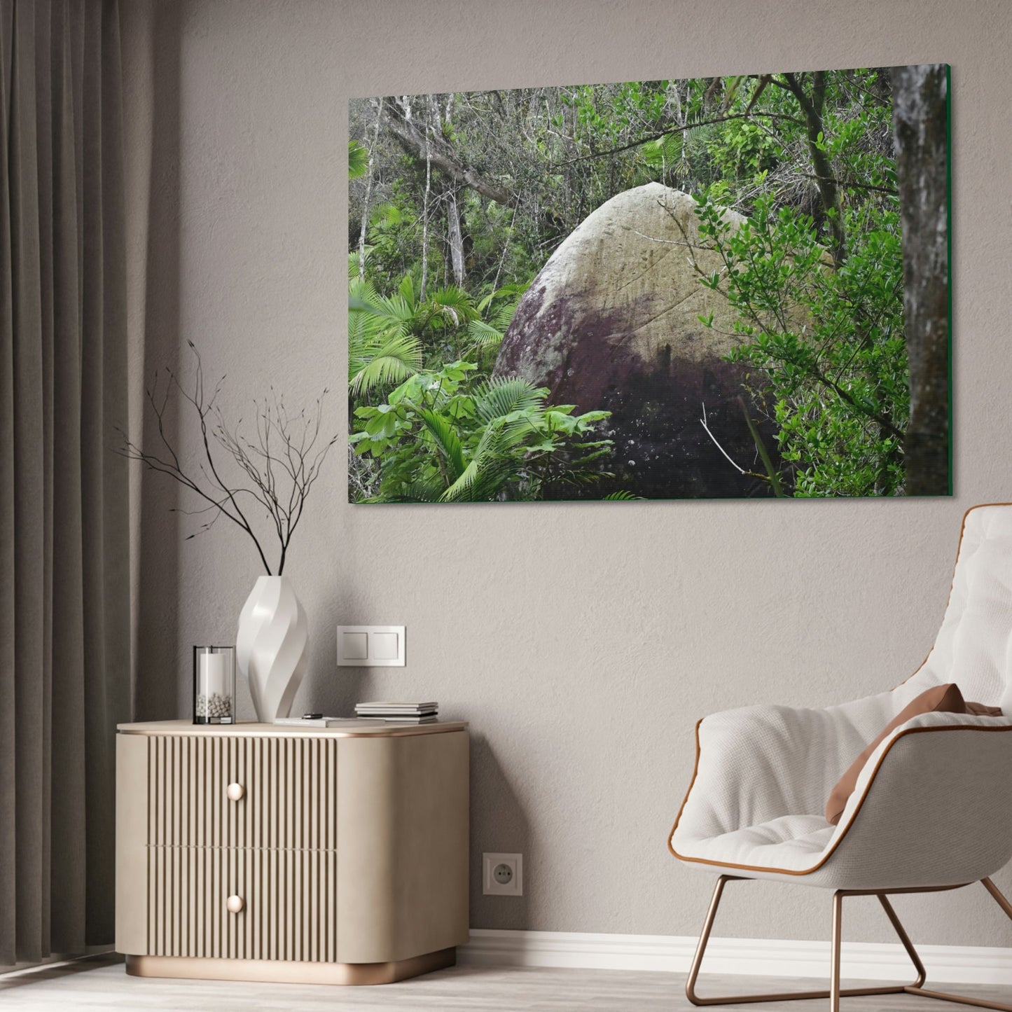 Canvas Stretched - Forest@Home - El Yunque - Hurricane Maria sandblasted this huge boulder in a river canyon - Tradewinds - Green Forest Home