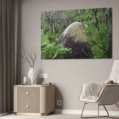 Canvas Stretched - Forest@Home - El Yunque - Hurricane Maria sandblasted this huge boulder in a river canyon - Tradewinds - Green Forest Home