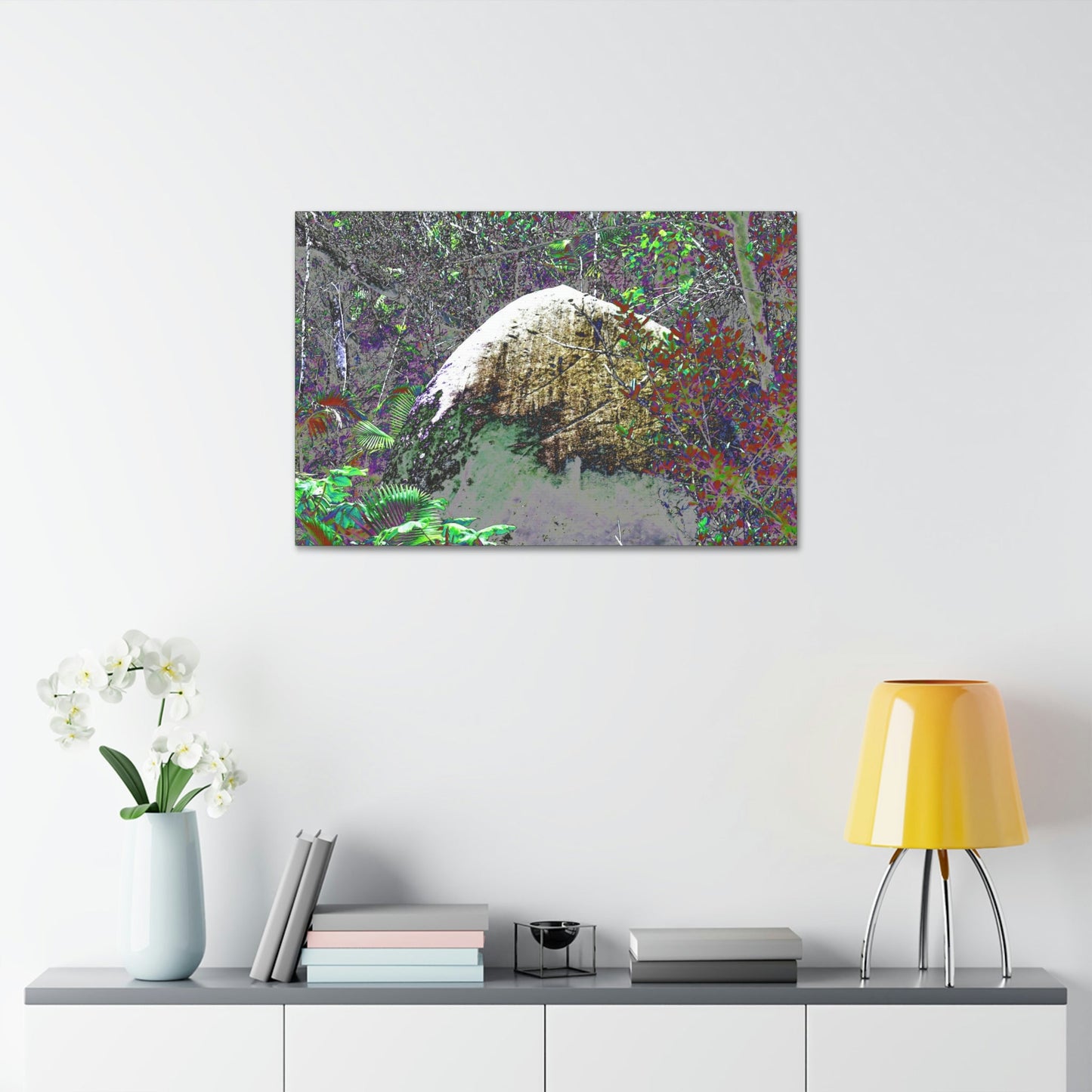 Canvas Stretched - Forest@Home - El Yunque - Modified Color curves enhance a large boulder sandblasted by Maria 140MPH winds. - Green Forest Home