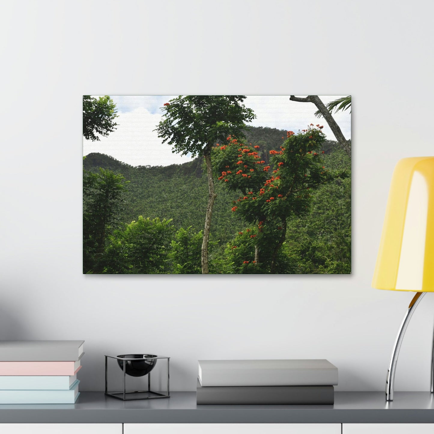 Canvas Stretched - Forest@Home - El Yunque National Forest - Recovering from Hurricane Maria - Mountains view and meaito red flowers - Green Forest Home
