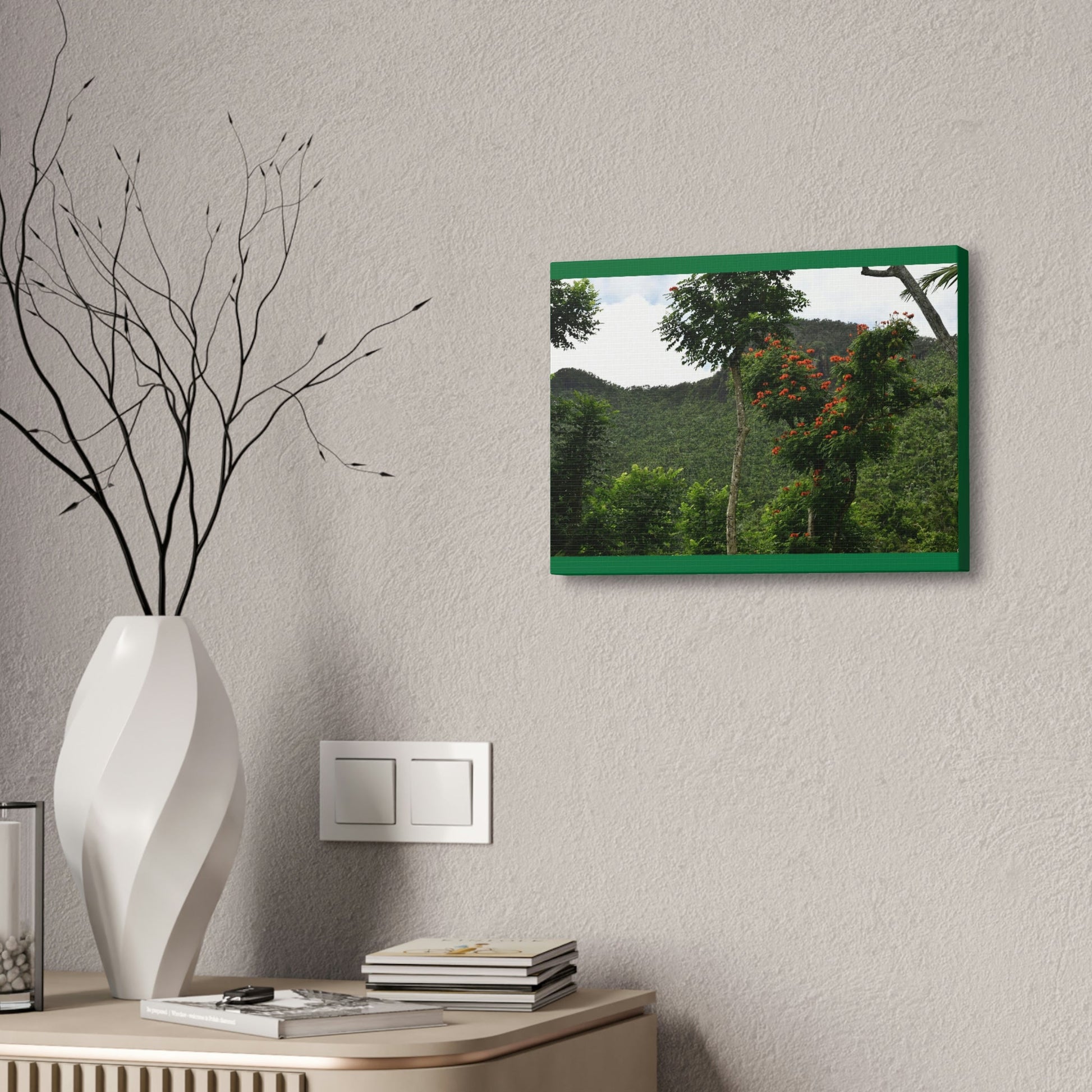 Canvas Stretched - Forest@Home - El Yunque National Forest - Recovering from Hurricane Maria - Mountains view and meaito red flowers - Green Forest Home