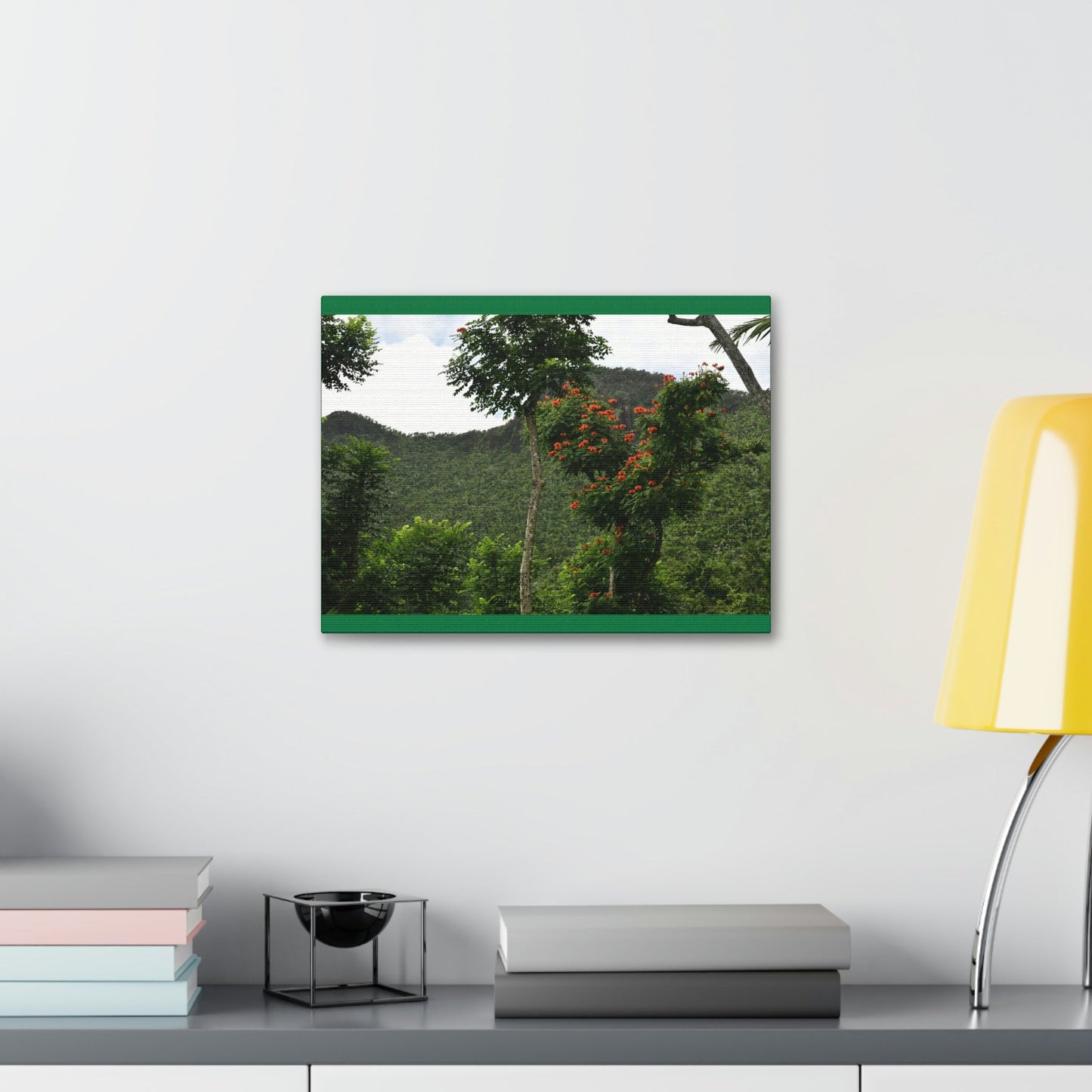 Canvas Stretched - Forest@Home - El Yunque National Forest - Recovering from Hurricane Maria - Mountains view and meaito red flowers - Green Forest Home